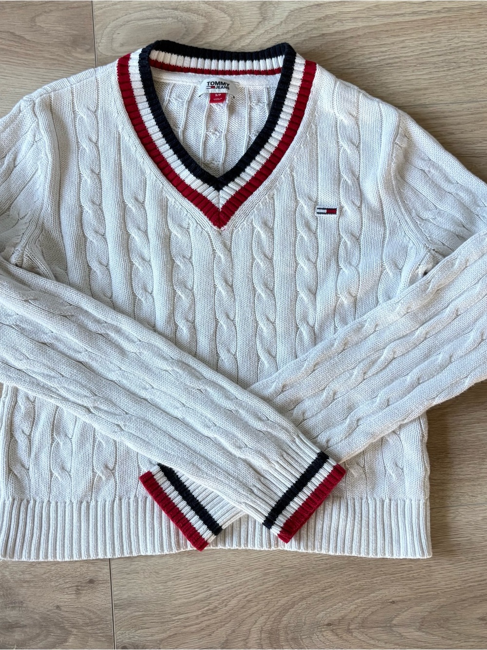 Tommy Jeans Classic Cable Knit Varsity Cricket Sweater - Size S
